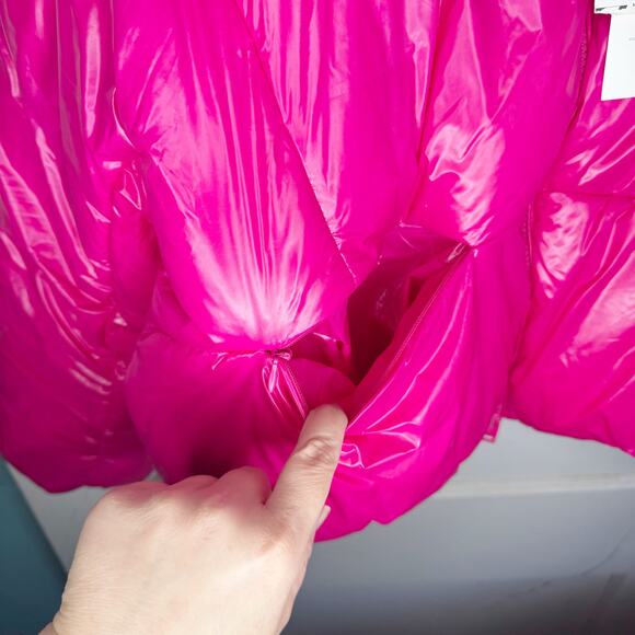 Zara Glossy Shiny Vinyl Puffer Jacket Hot Pink High Neck NEW Size Large L Baddie - Picture 12 of 16